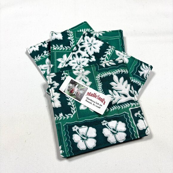 Mailelani's Kauai Hawaii Green Hawaiian Quilt Floral Drink Coasters Set of 4 NEW - Picture 1 of 4